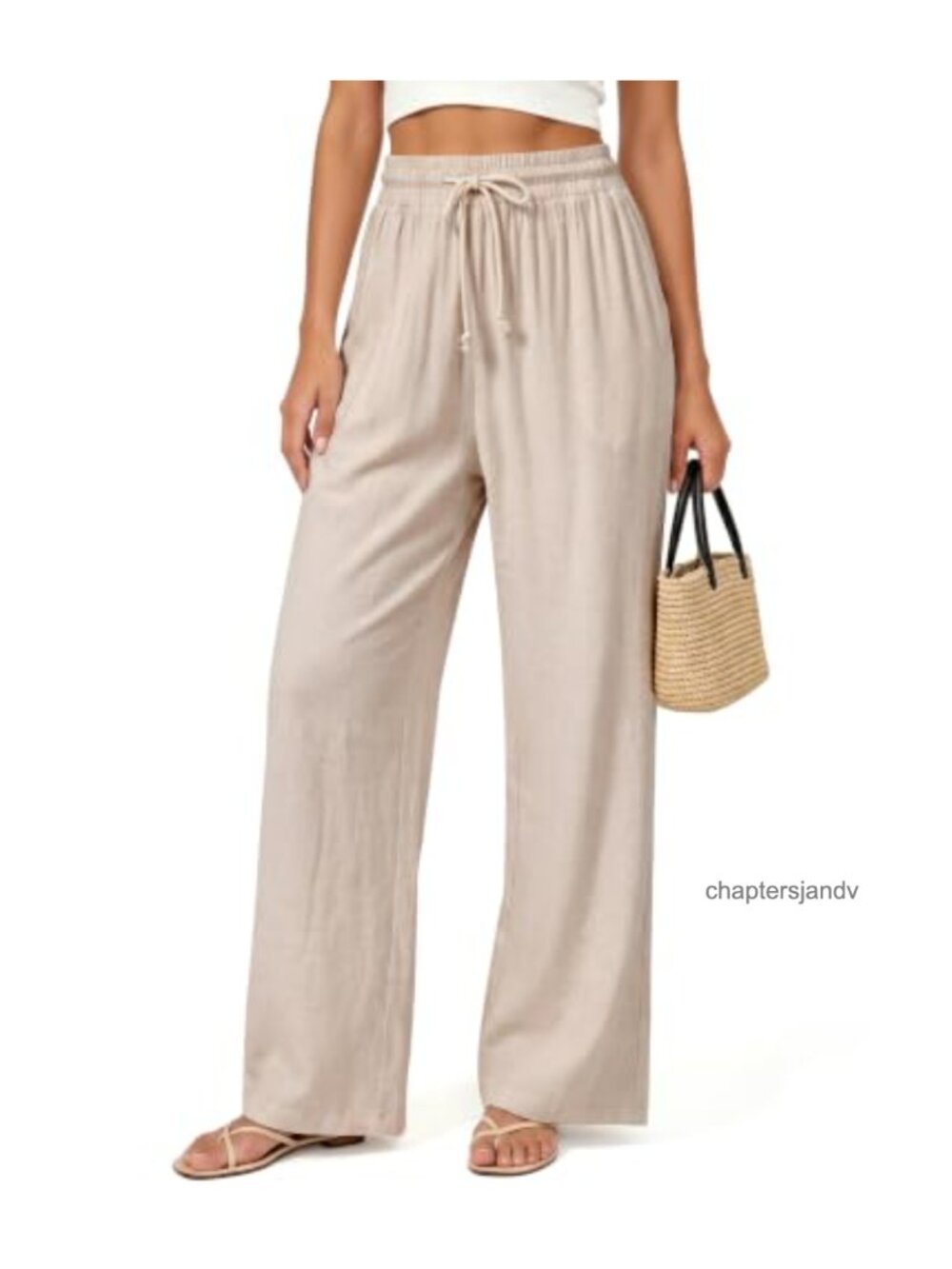 Womens Linen Wide Leg Drawstring Pants with Pockets